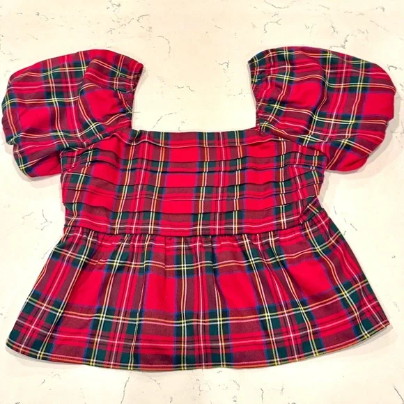 Francesca’s Collections Nicole Plaid Puff Sleeve Pleated Holiday Blouse NWT - Picture 9 of 15